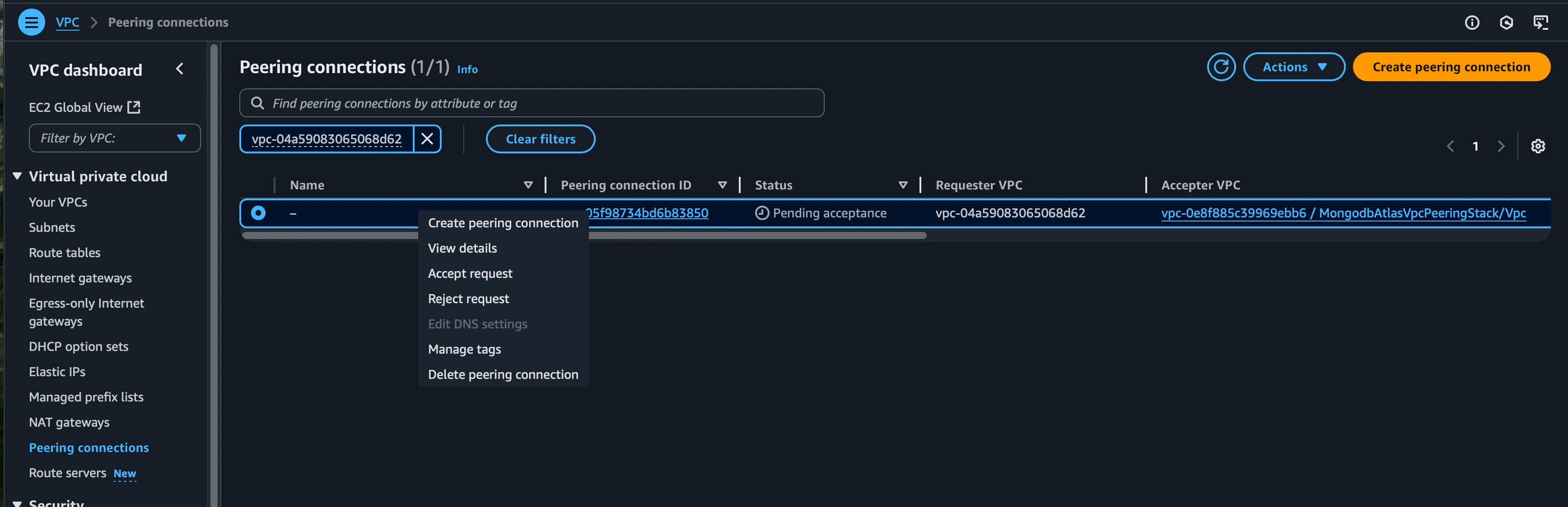 Accept the VPC connection from MongoDB