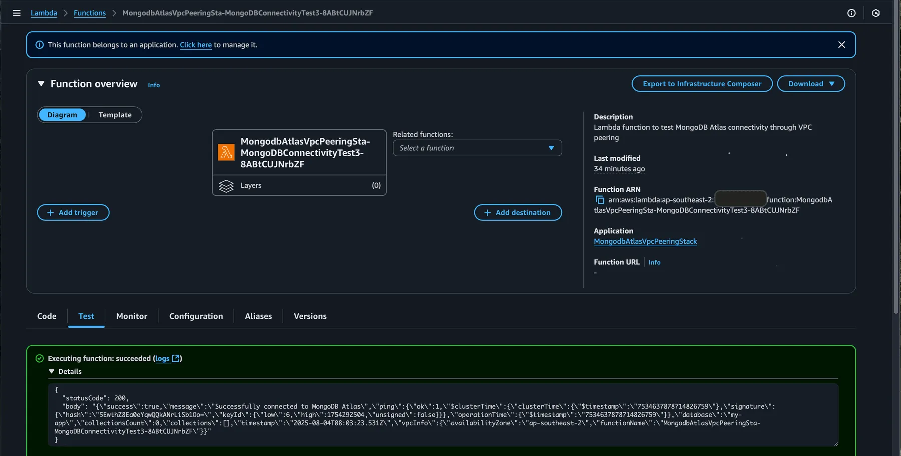 Test successfully with lambda function inside VPC