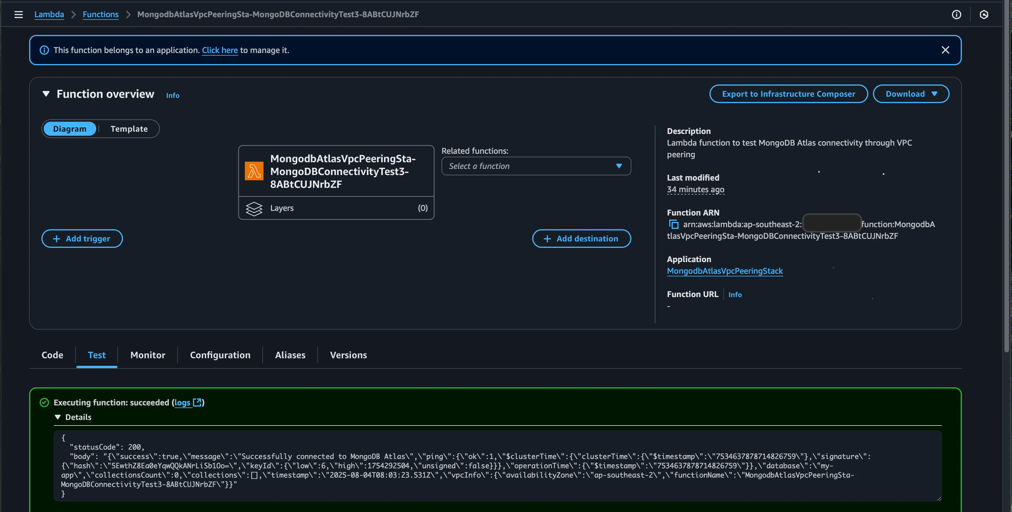 Test successfully with lambda function inside VPC